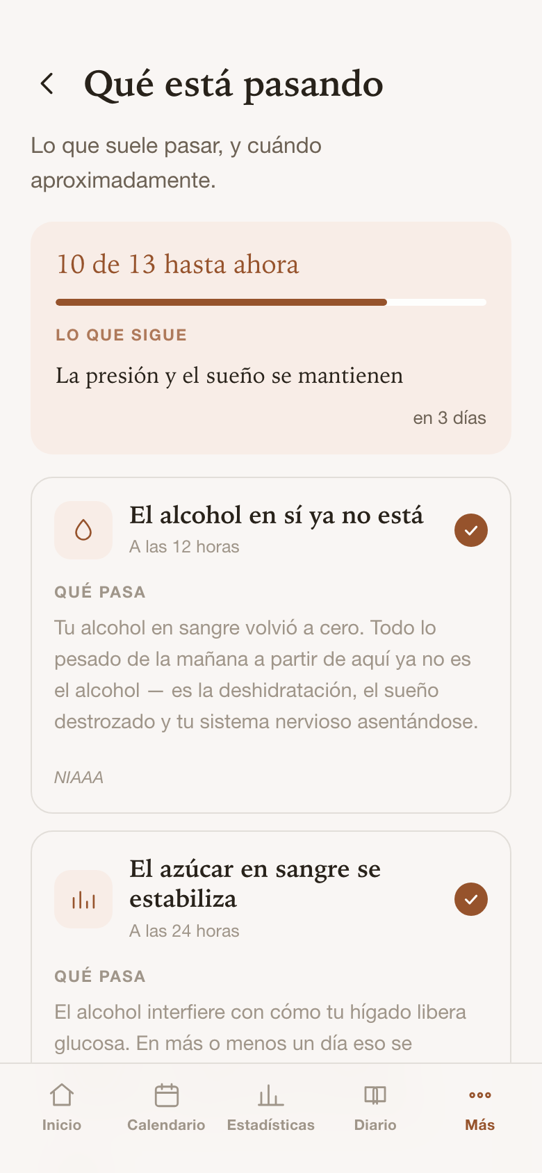 Línea de tiempo de salud con lo que cambia al beber menos