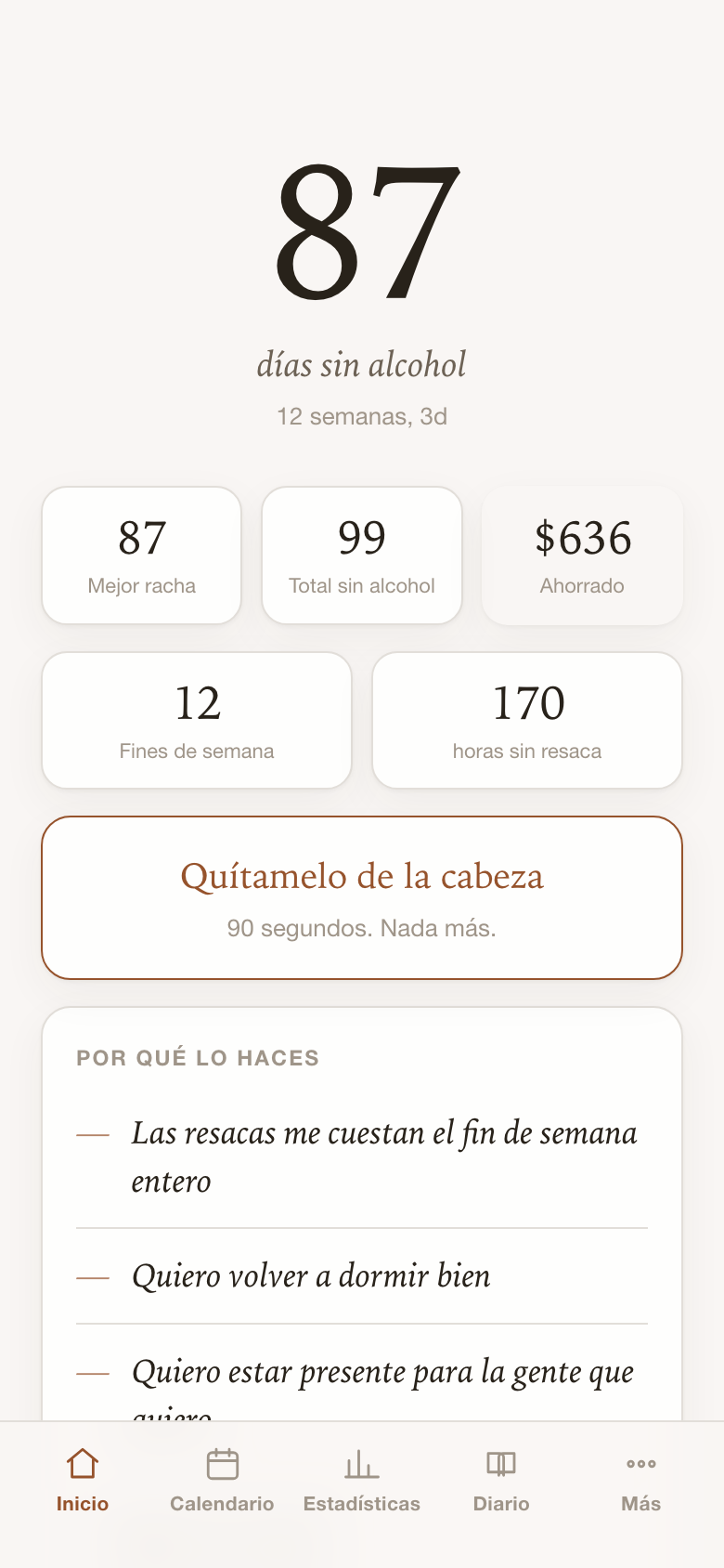 La pantalla principal de Hangover Free: 87 días sin alcohol, mejor racha, dinero ahorrado y fines de semana recuperados