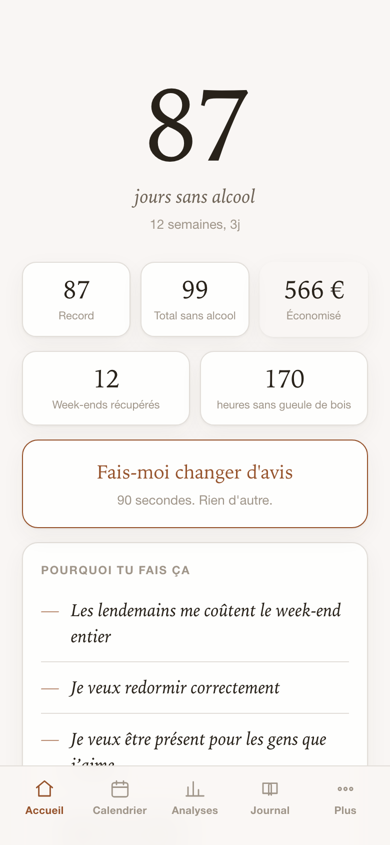 L’écran principal de Hangover Free : 87 jours sans alcool, record, argent économisé et week-ends récupérés