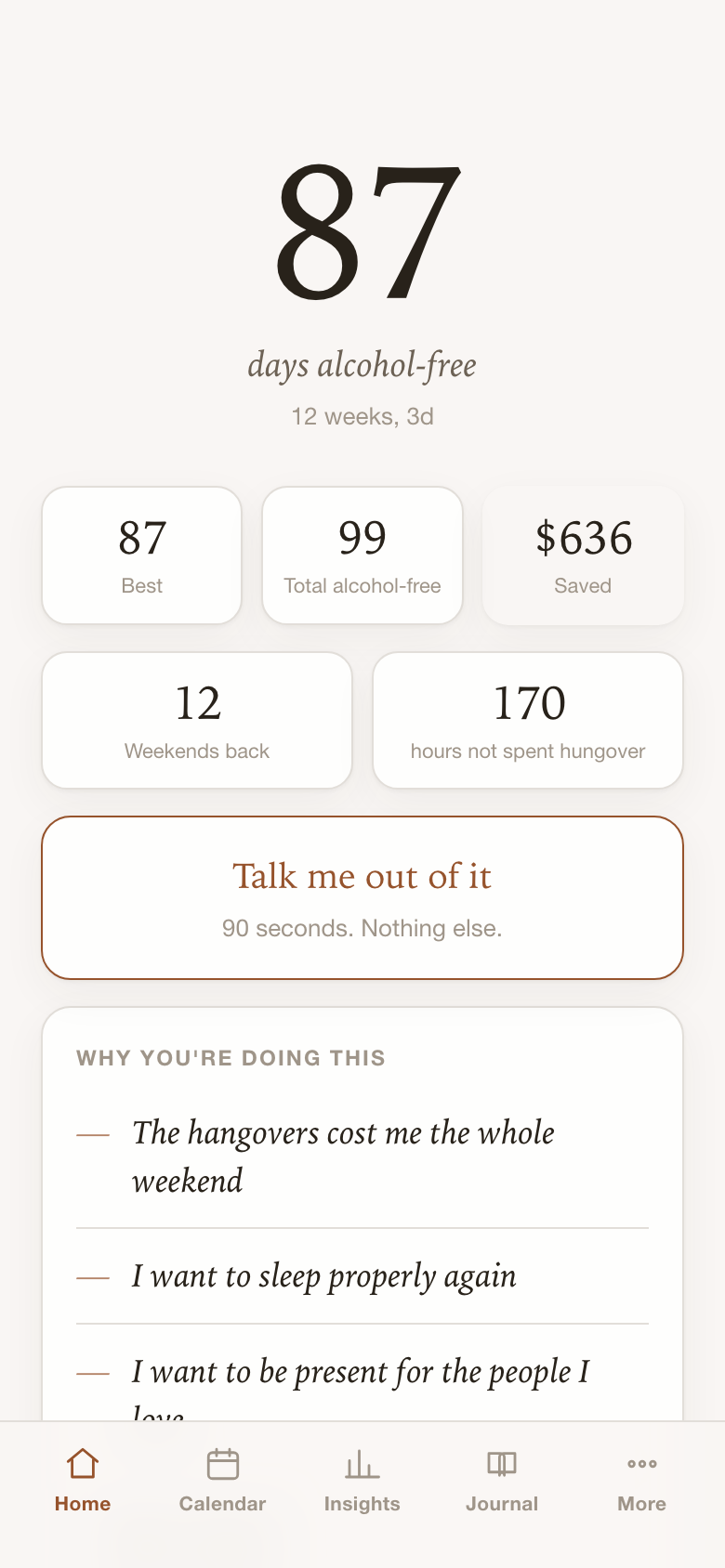 The Hangover Free home screen: 87 days alcohol-free, best streak, money saved and weekends reclaimed