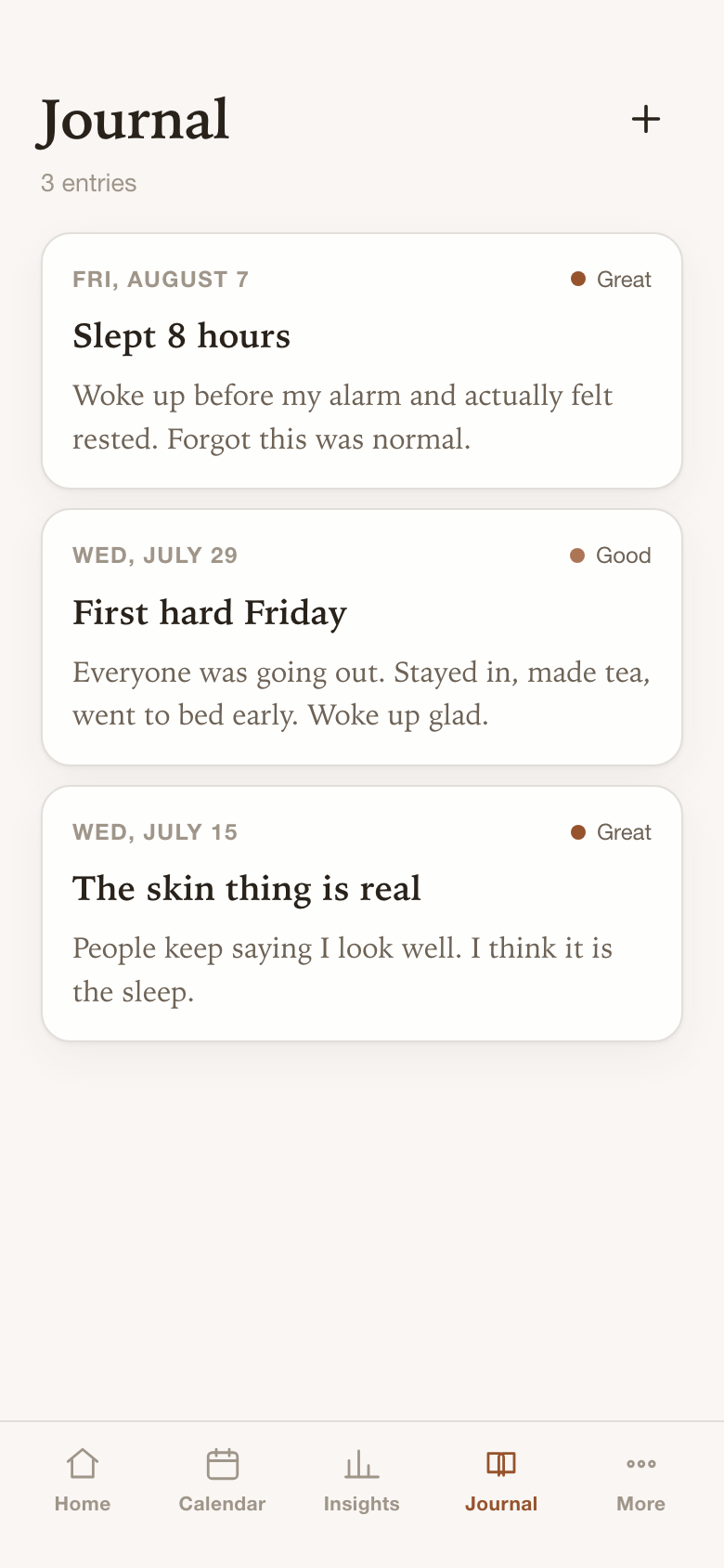 Journal entries about sleeping better and hard nights